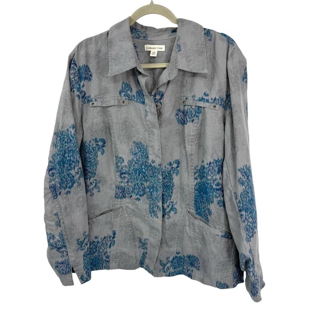Coldwater Creek 20W Linen Shacket Blue Gray Watercolor Snap Shirt Jacket Boho - Picture 10 of 13
